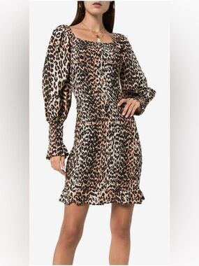 GANNI leopard-print gathered dress, cotton-silk blend, size 34